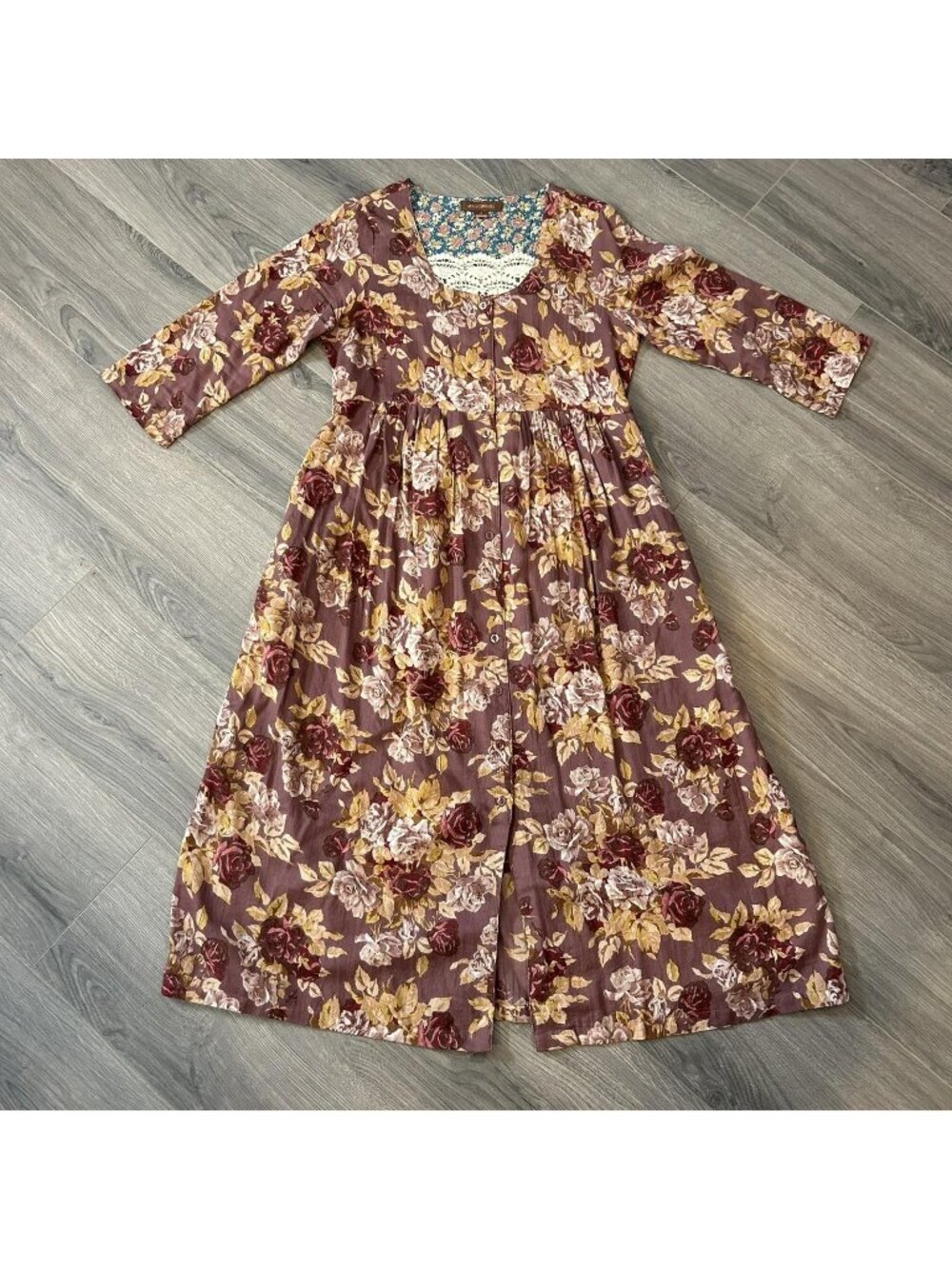 April Cornell Dress Womens S Purple Floral Maxi 3/4 Sleeve Lace Pockets Cottage